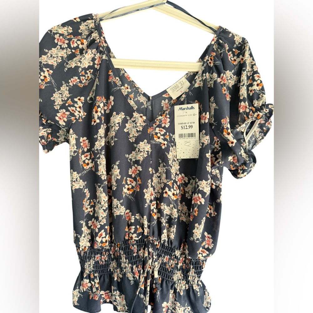 Sienna Sky Navy Floral V-Neck Smocked-Waist Blouse